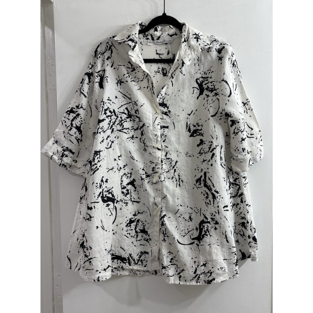 Courtney Washington Large‎ 100% Linen Top Black White Lagenlook Short Slv USA